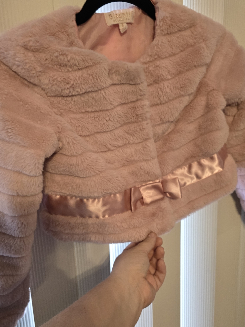 Biscotti Girls Pink Faux Fur Jacket Cardigan with Satin Lining Bow - Size 8